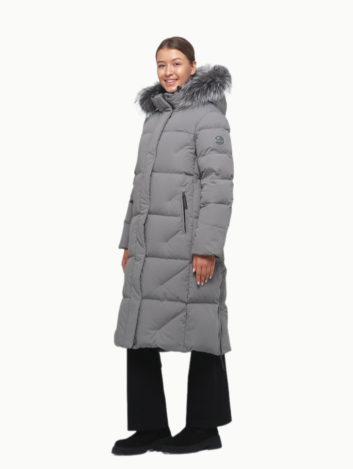 Пальто пуховое Аврора SkyStretch Goose мех ЧБК (Женский; 50; Стальной Серый)