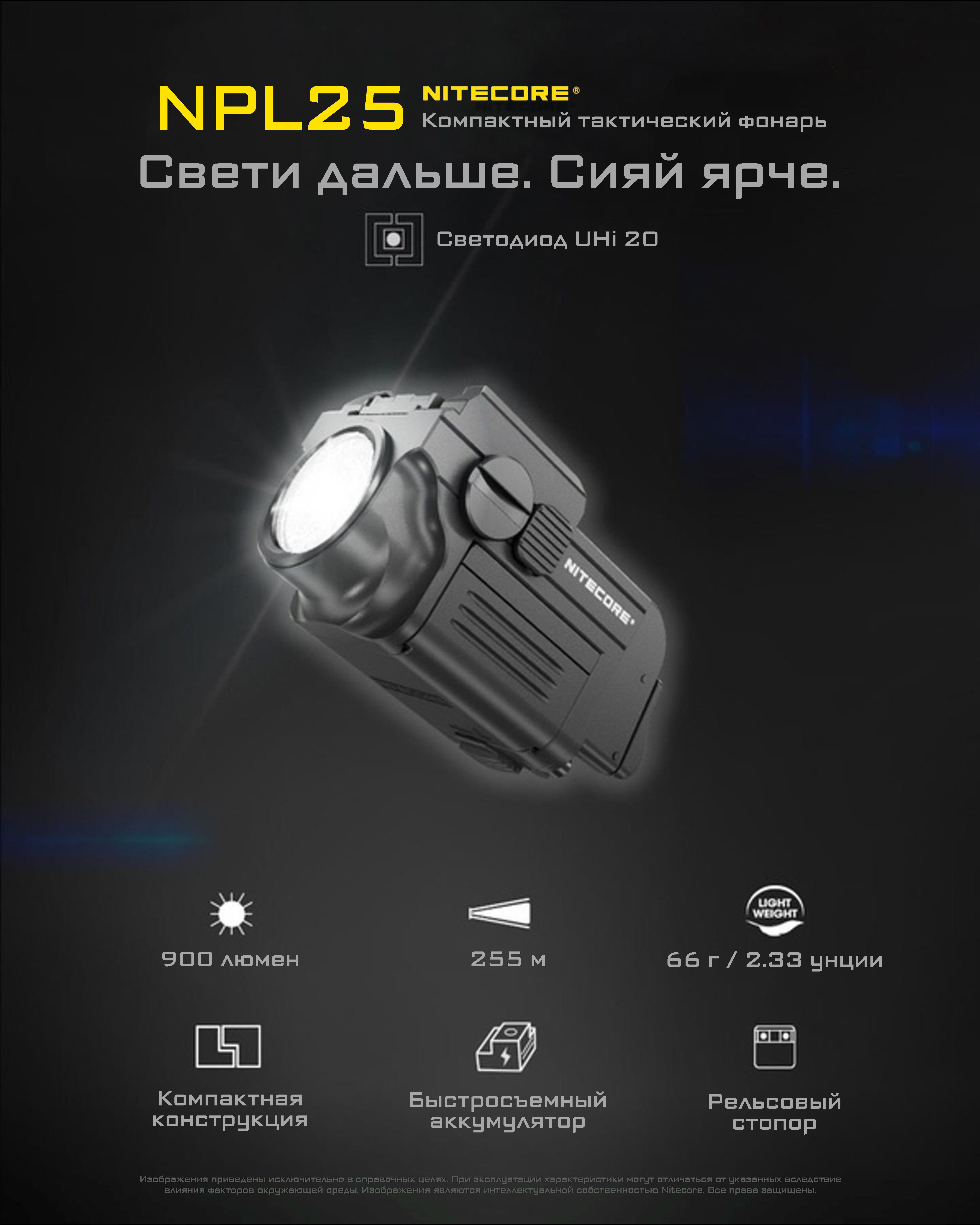 Фонарь подствольный NiteCore NPL25 UHi 20 (900 Люмен / 225м, 280мАч)
