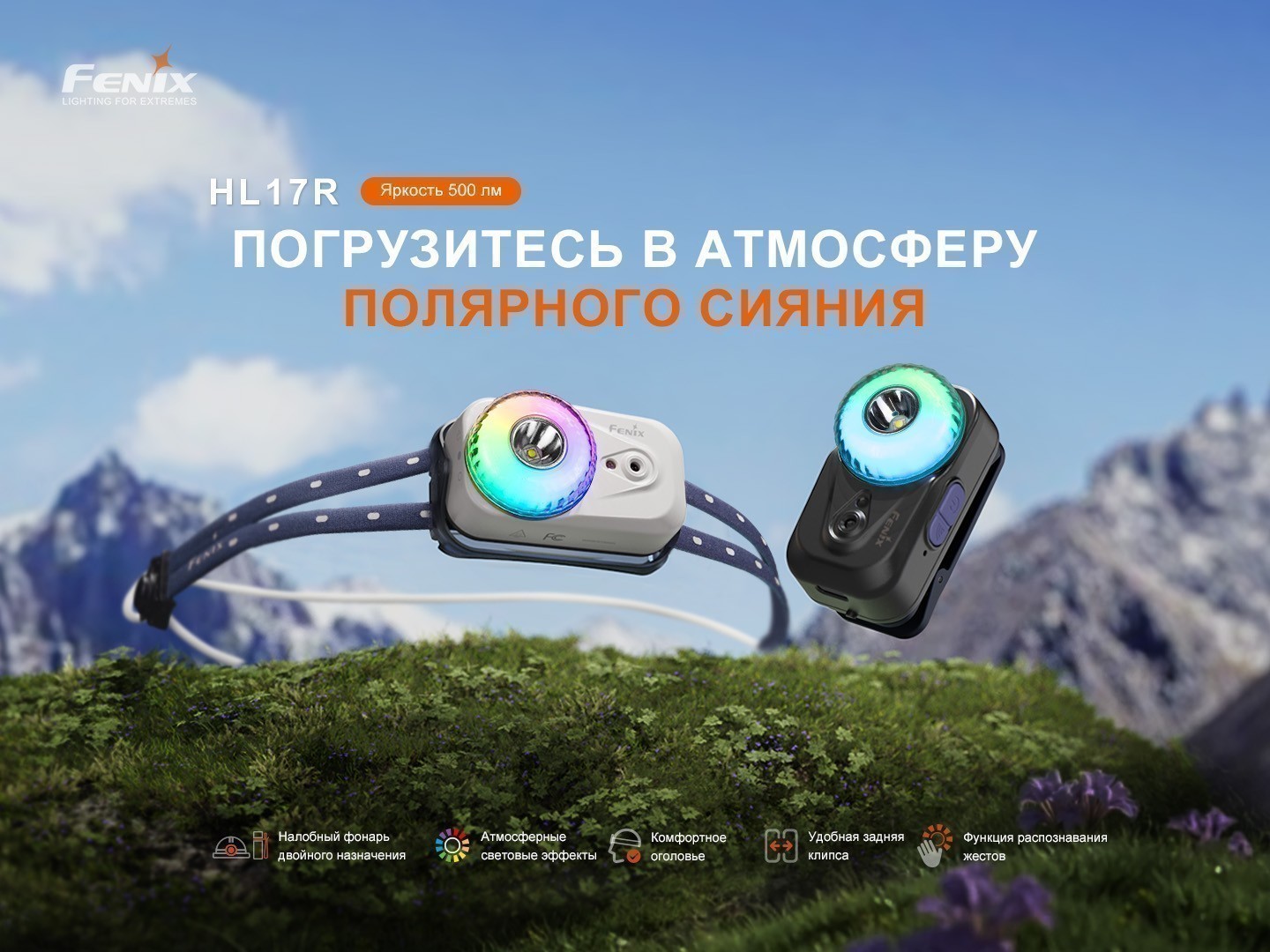 Фонарь налобный Fenix HL17R 500 Lumen (Black, акк.встр.1000mAh)