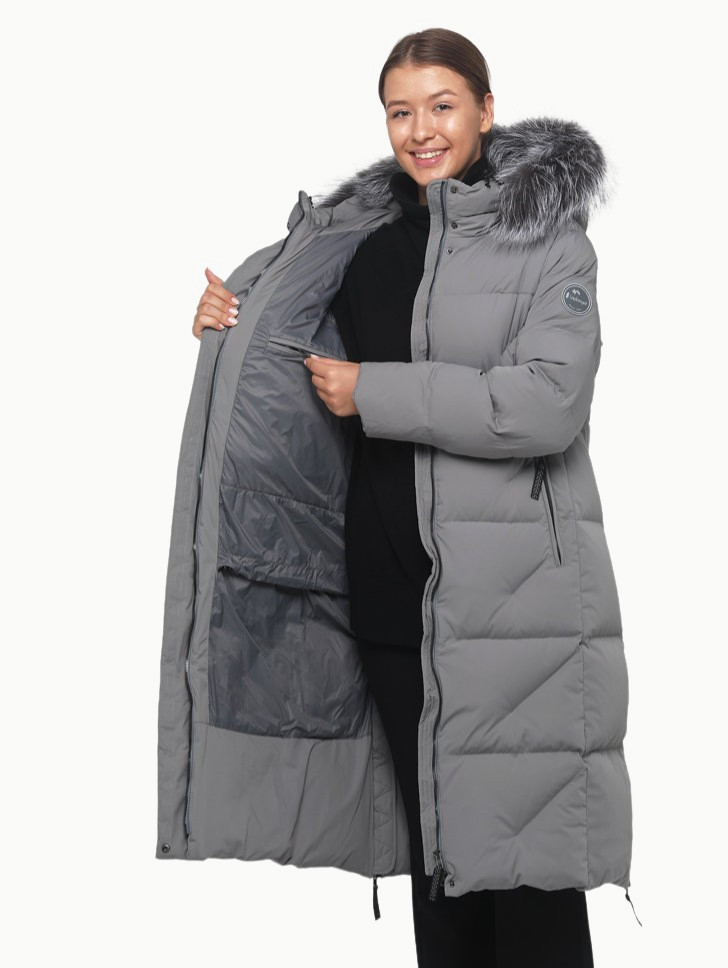 Пальто пуховое Аврора SkyStretch Goose мех ЧБК (Женский; 50; Стальной Серый)