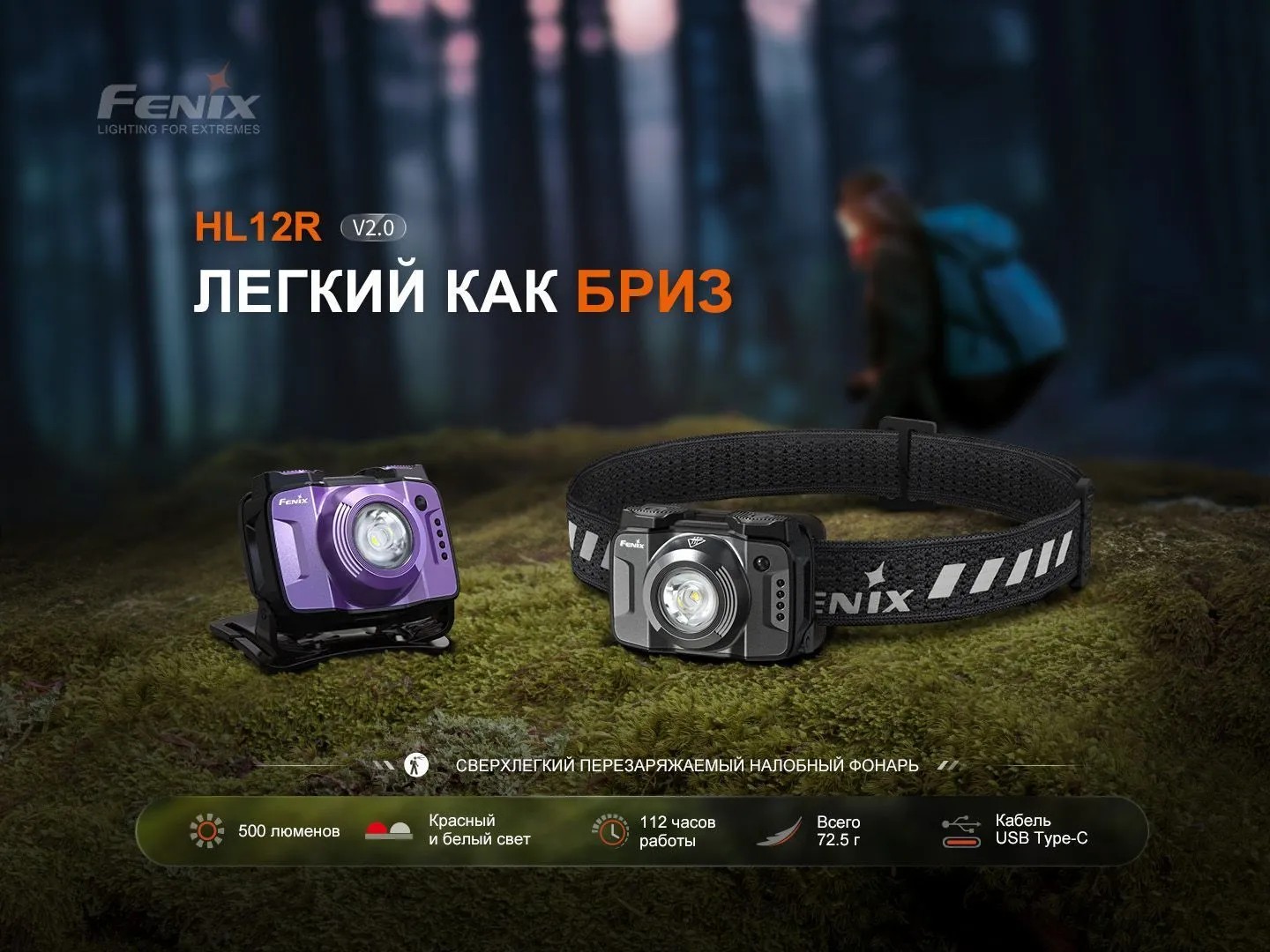 Фонарь налобный Fenix HL12R V2.0 500 Lumen (Фиолетовый, 950mAh, Type C)