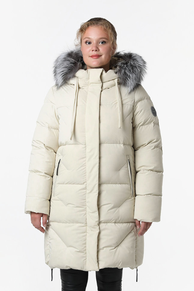 Пальто пуховое Марго SkyStretch Goose мех Енот (Женский; 46; Светлый Беж)