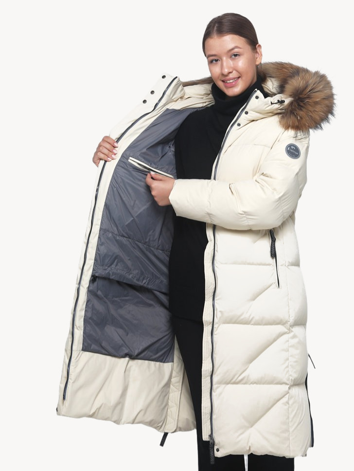 Пальто пуховое Аврора SkyStretch Goose мех Енот (Женский; 48; Светлый Беж)