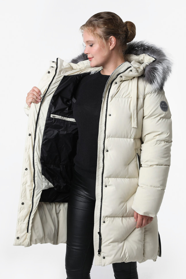 Пальто пуховое Марго SkyStretch Goose мех Енот (Женский; 46; Светлый Беж)