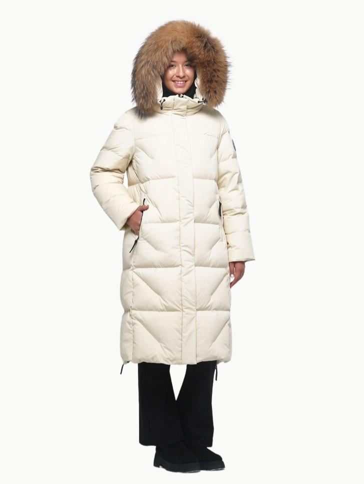 Пальто пуховое Аврора SkyStretch Goose мех Енот (Женский; 48; Светлый Беж)